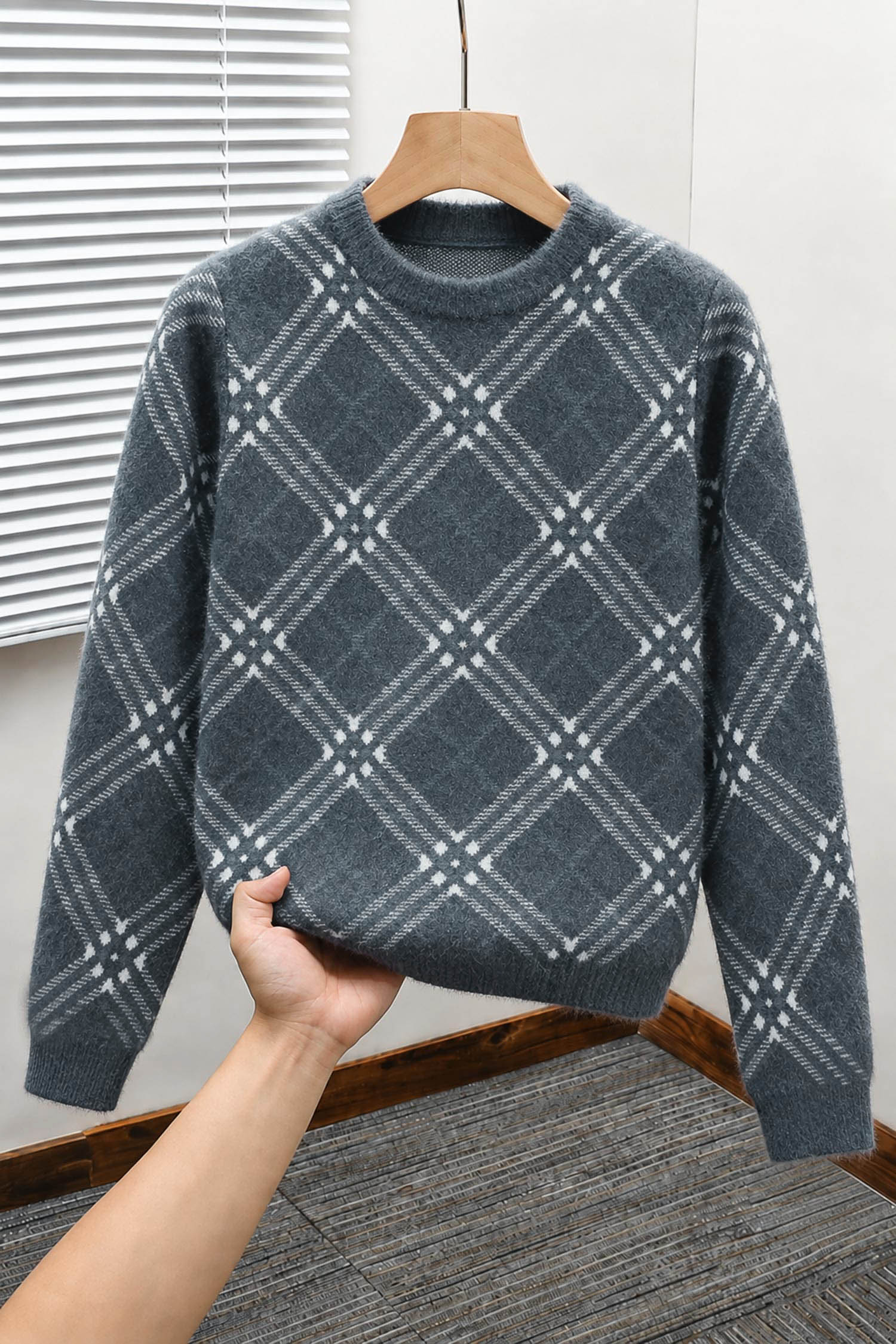 Checkered Plaid Pattern Imported Round Neck Rabbit Wool Men's Sweater In Dark Grey