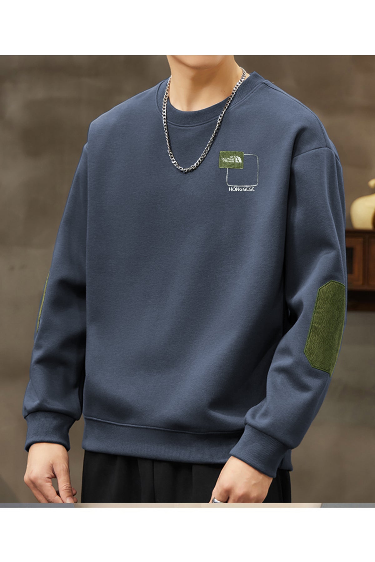 Patch Arm Design Round Neck Imported Men's Sweatshirt