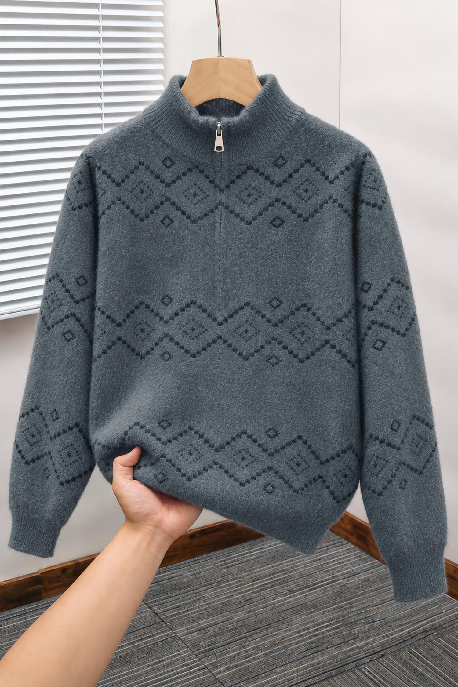 Men's Geometric Pattern Half-Zip Knit Imported Rabbit Wool Men's Sweater In Dark Grey