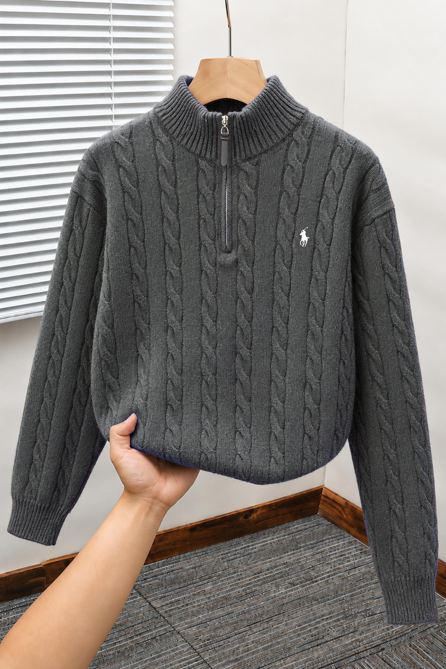 Polo Pony Half-Zip Cable Knit Texture Imported Men's Jumper Sweater In Dark Grey