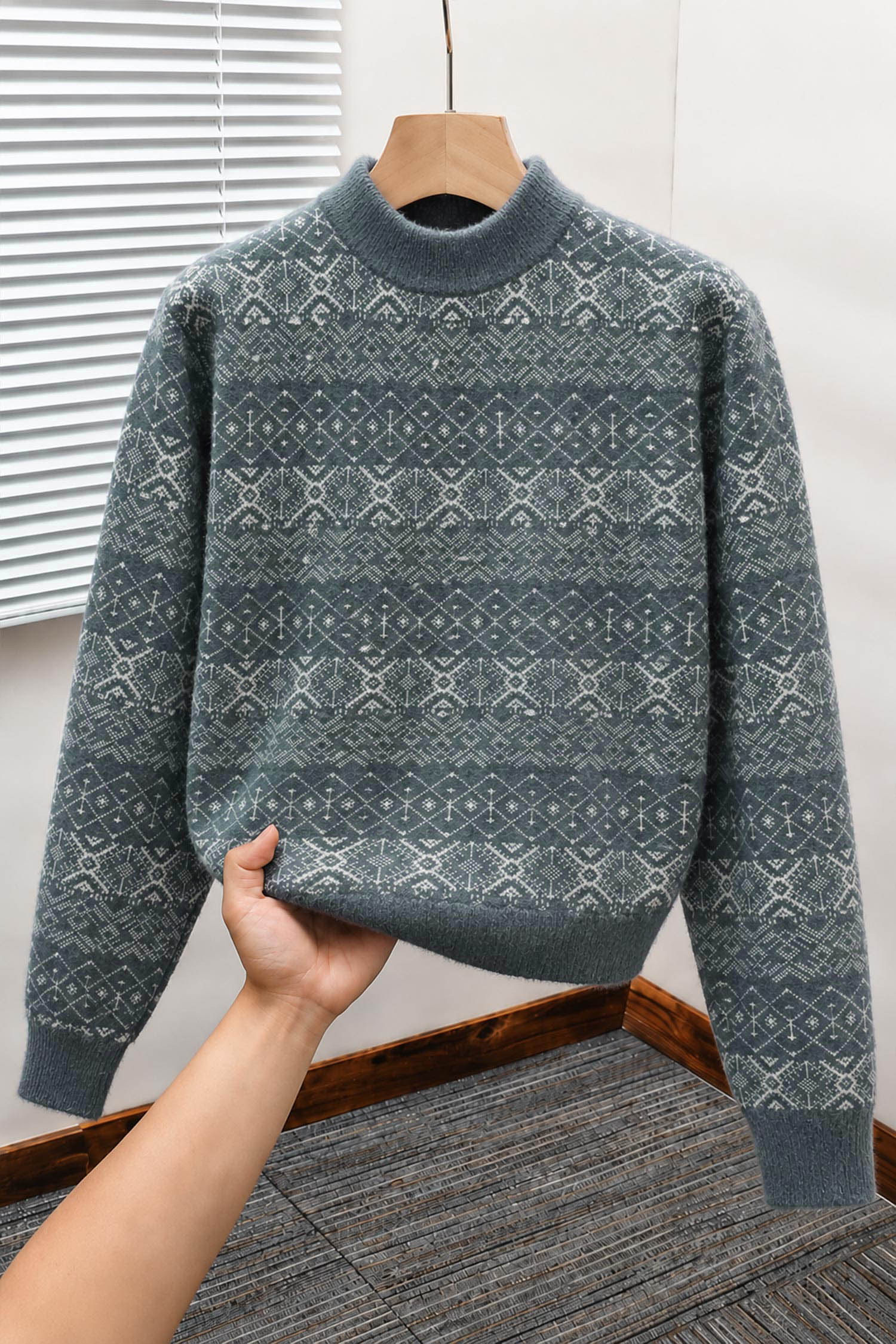 Aesthetic Geometric Patterned  Imported Round Neck Rabbit Wool Men's Sweater In Dark Grey