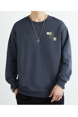 Motif Design Logo Round Neck Imported Men's Sweatshirt In Dark Grey