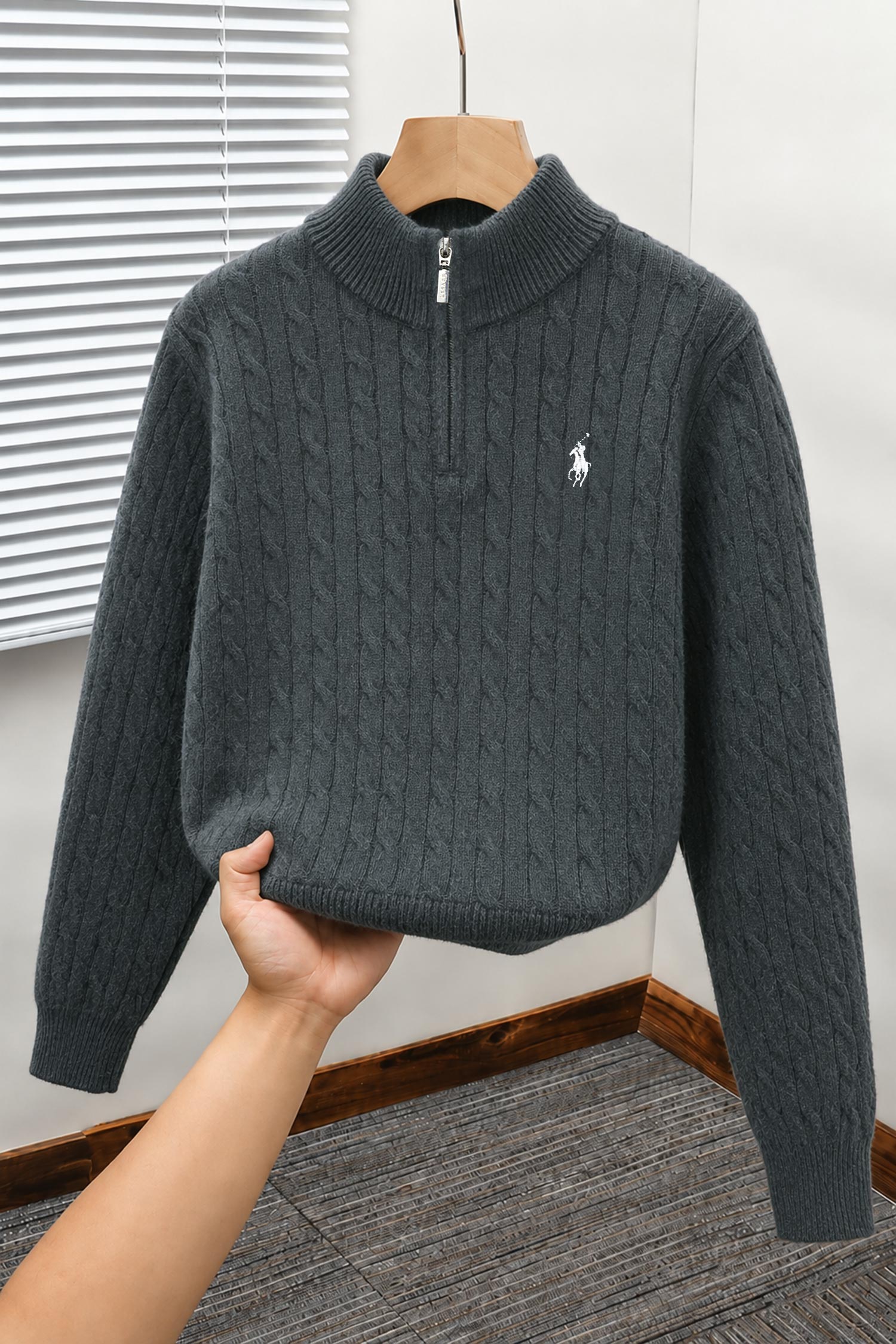 Polo Cable Crew Texture Half-Zip Imported Men's Jumper Sweater In Dark Grey