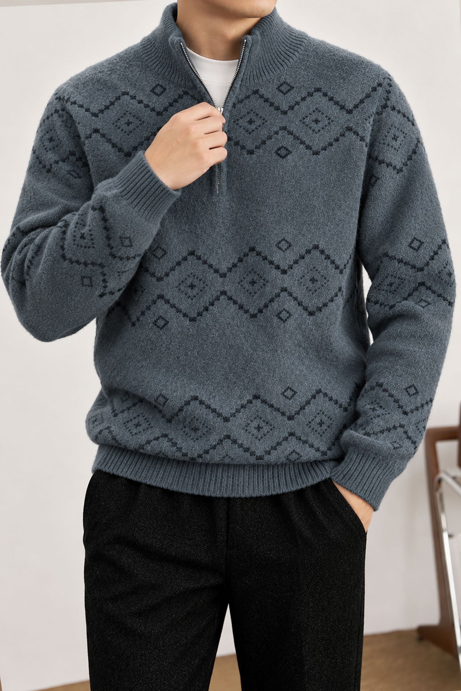 Men's Geometric Pattern Half-Zip Knit Imported Rabbit Wool Men's Sweater In Dark Grey