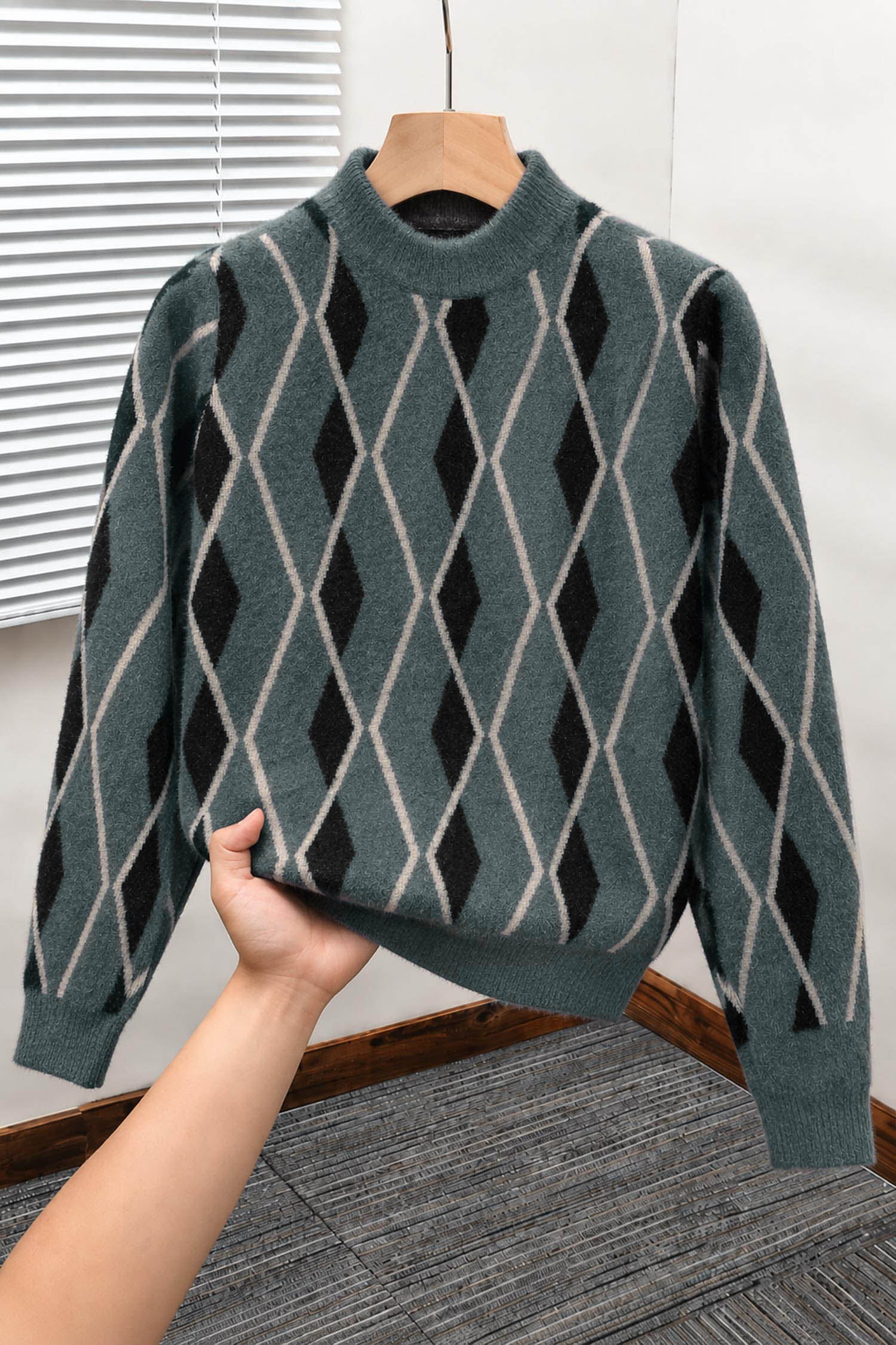 Diamond-Cut Pattern Imported Round Neck Rabbit Wool Men's Sweater In Dark Grey