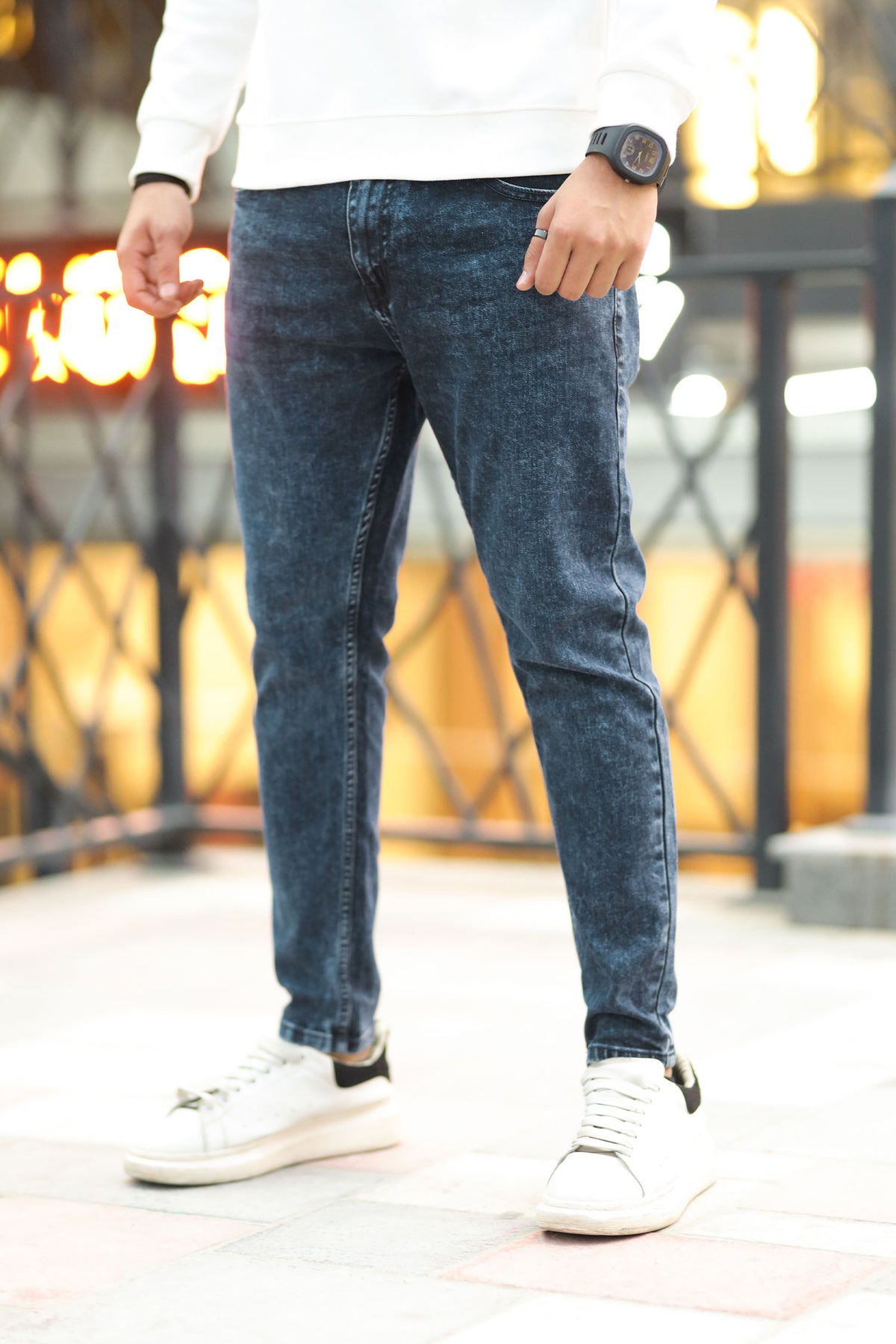 Self Faded Tone Turbo Ankle Fit Jeans In Dark Blue