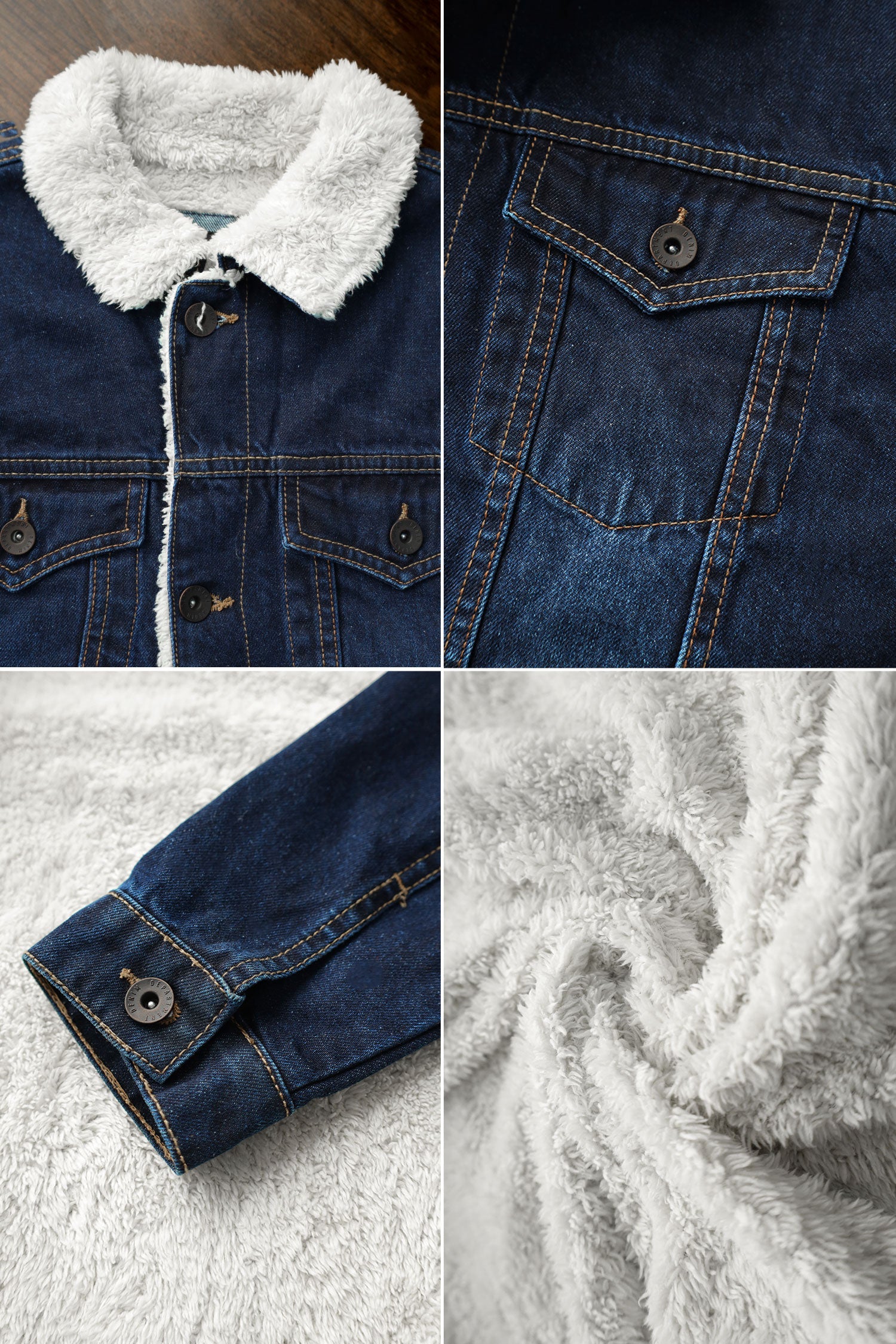 Fur Collar Sherpaa Inside Warm Denim Jacket in Dark Blue