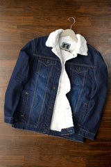 Fur Collar Sherpaa Inside Warm Denim Jacket in Dark Blue