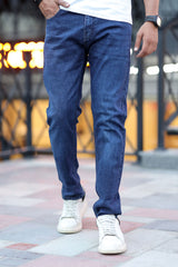 Plain Style Slim Fit Turbo Jeans In Dark Blue