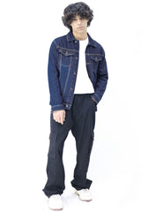 Slim Fit Front Pocket Style Denim Jacket in Dark Blue