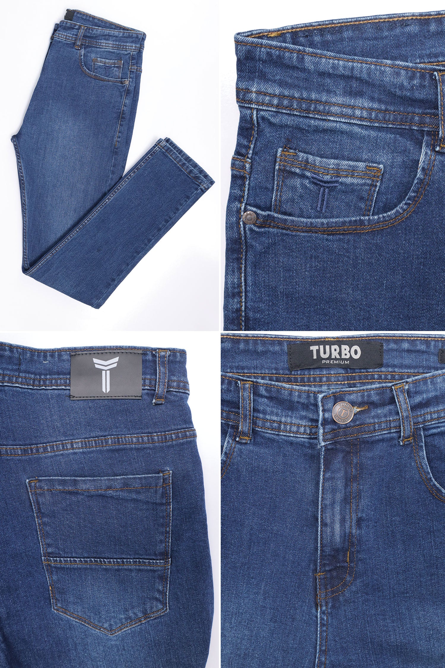 Turbo 'Giordano' Mid Washed Stretchable Slim Fit Jeans In Dark Blue