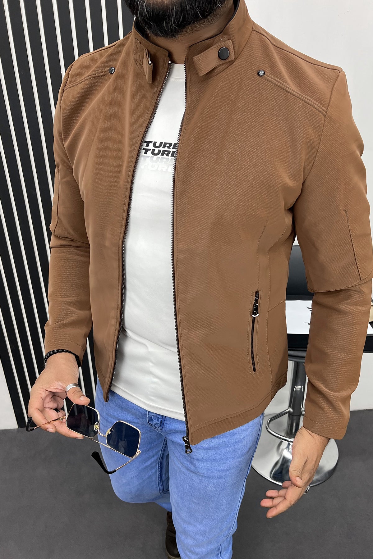 Belted Hook Collar Men's Imported Suede Leather Jacket