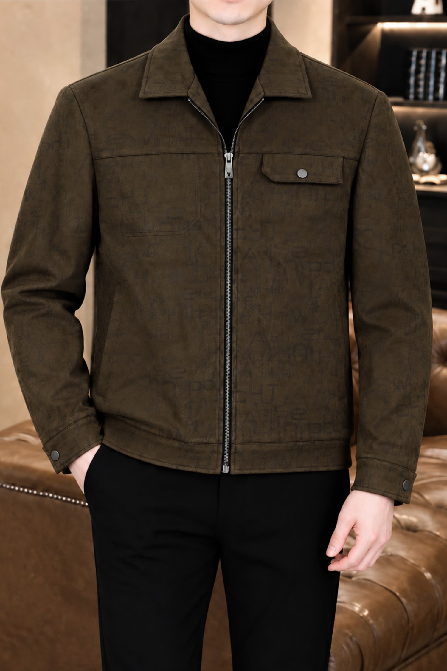 All Over Alphabetic Self Patterned Imported Men's Suede Wool Jacket In Dark Camel