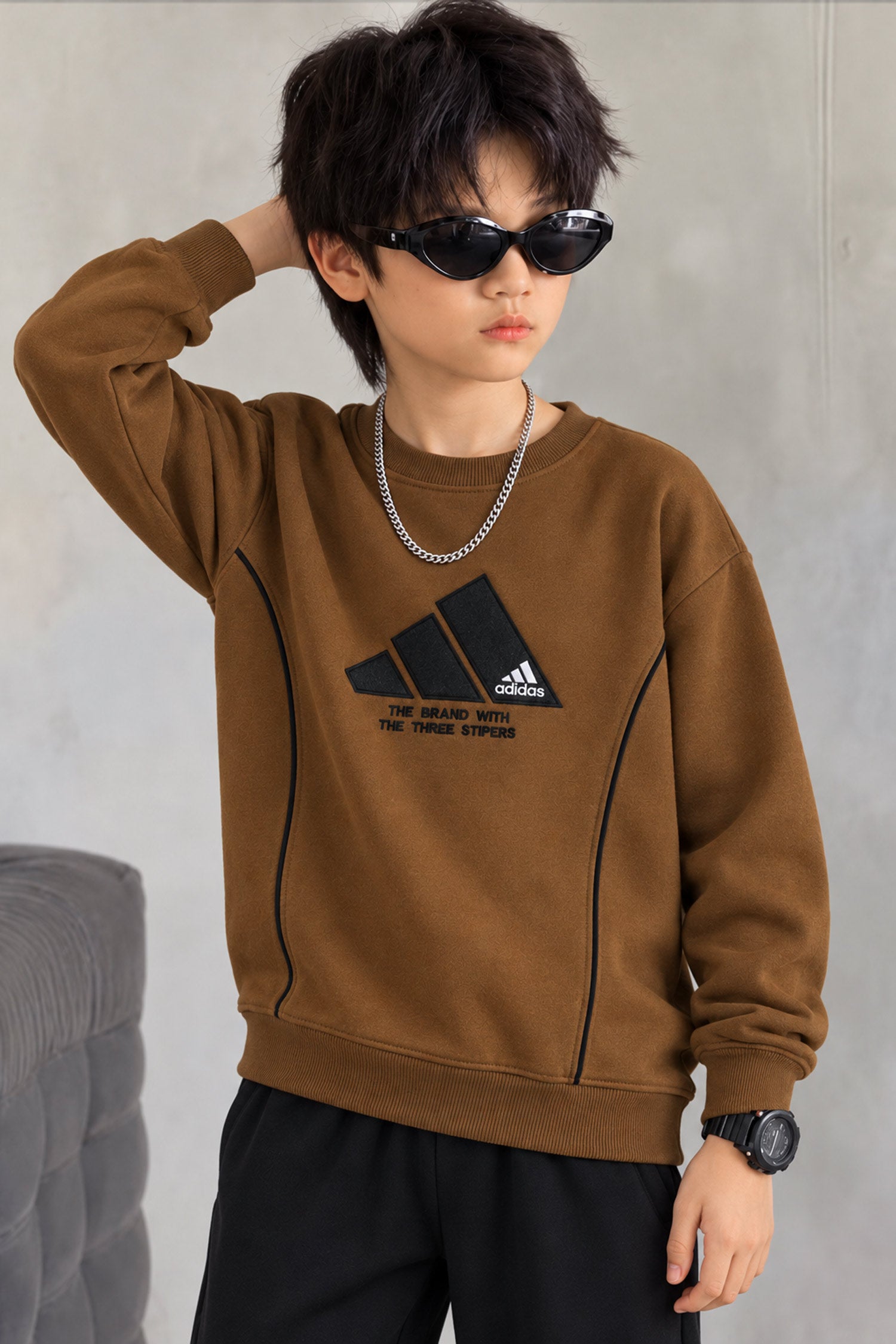 Adds Signature Round Neck Kid's Sweatshirt In Coffee