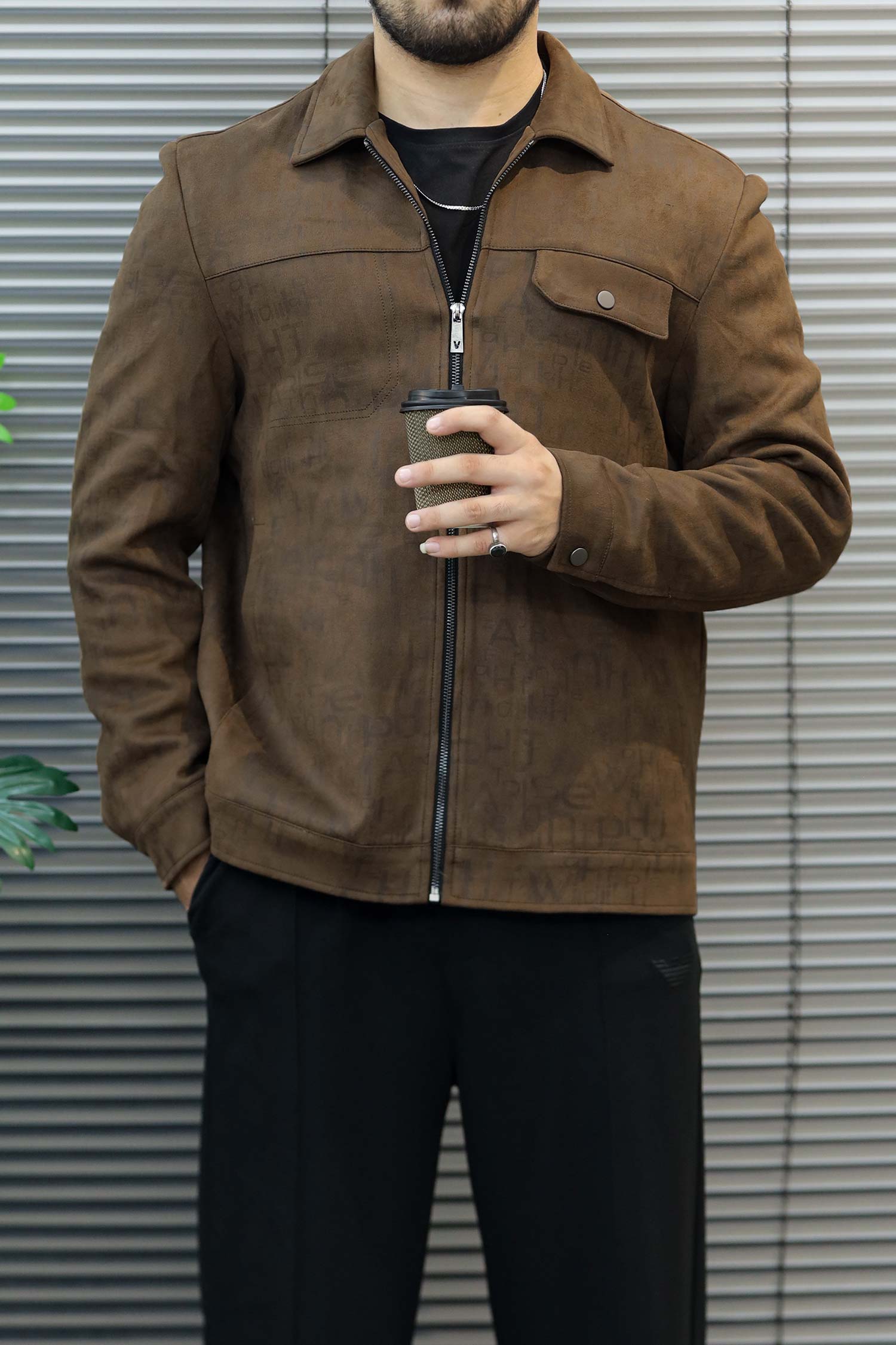 All Over Alphabetic Self Patterned Imported Men's Suede Wool Jacket In Dark Camel