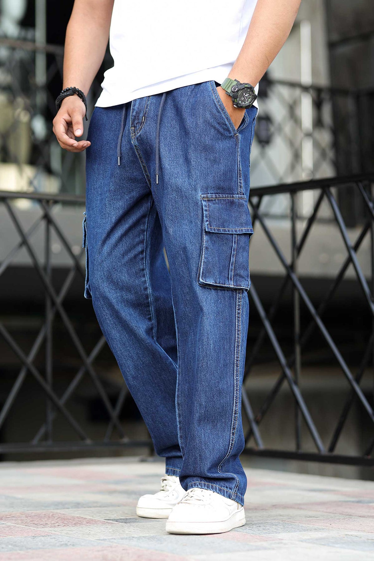 Denim Men's Multipockets Baggy Jeans In Dark Navy
