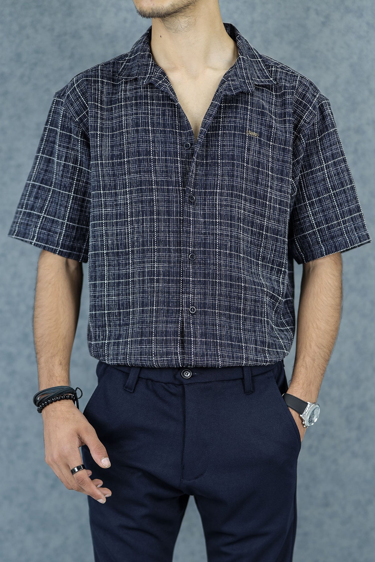 Fashion Stitched Checkered Printed Casual Shirt In Dark Navy