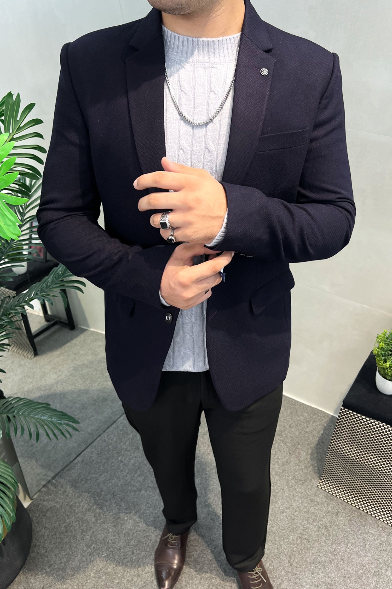 Turbo Modern Self Check Imported Men Blazer In Dark Purple