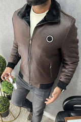 Texture Pattern Full Fur Collar Men's Imported Leather Jacket