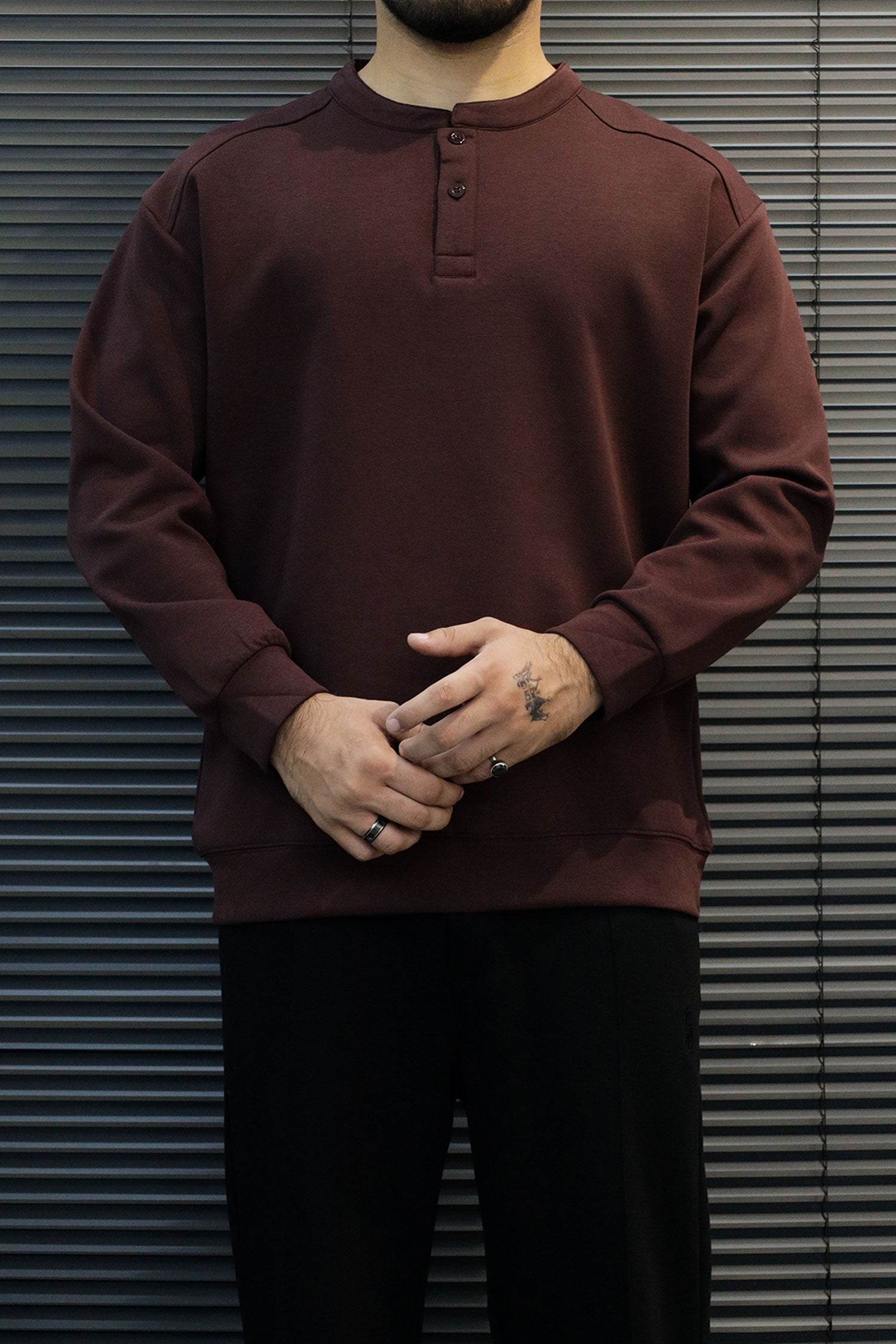 Turbo Ban Style Button Placket Imported Men's Sweatshirt In Dark Maroon
