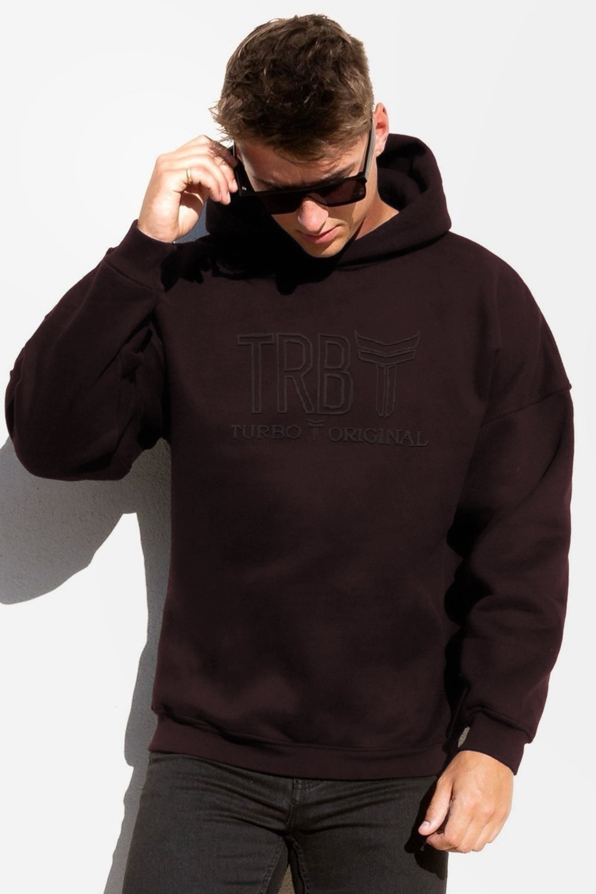 TRB Original Aplic Printed Fleece Hoodie In Dark Maroon