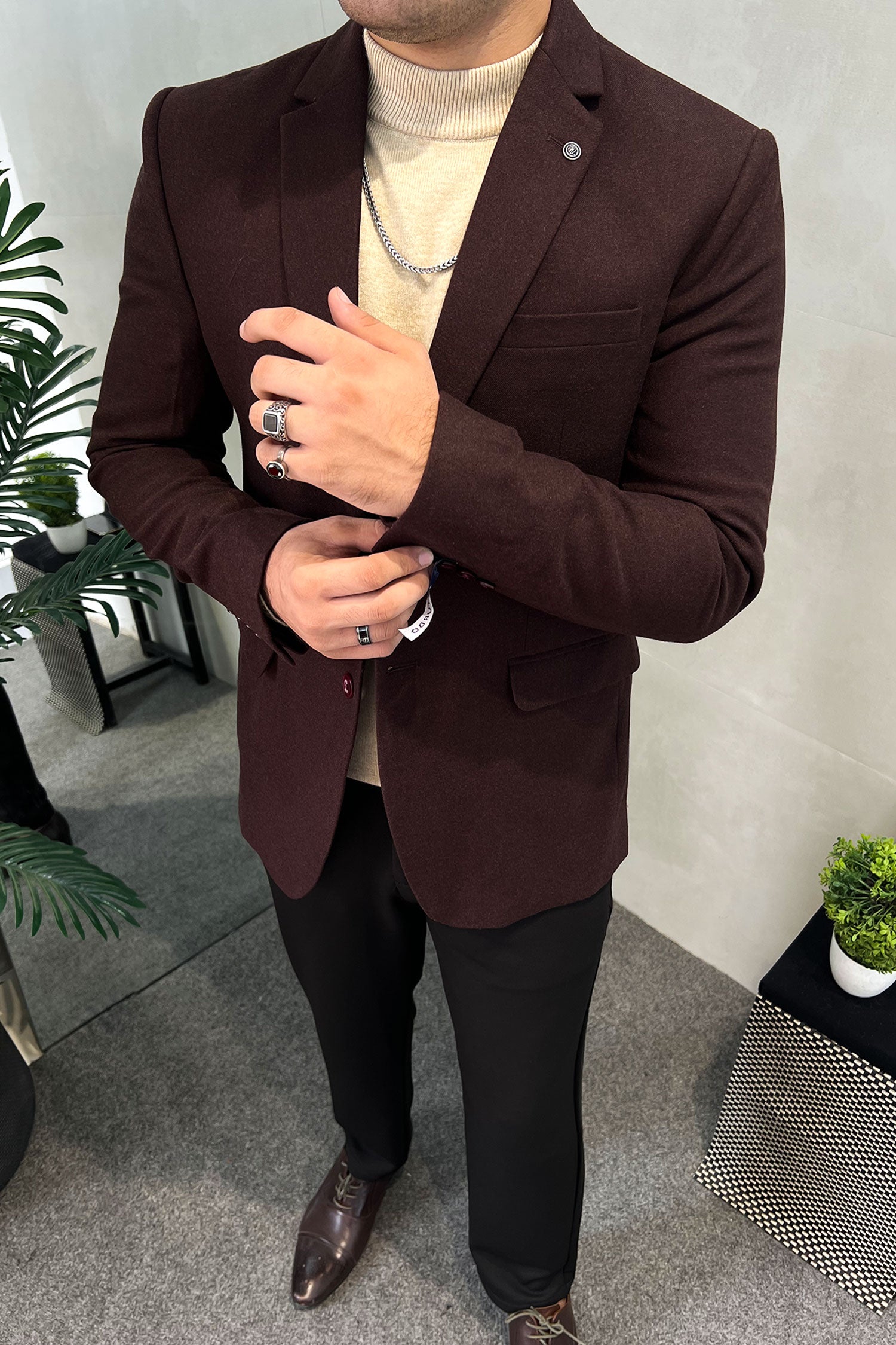 Turbo Non-Patterned Plain Imported Men Blazer In Dark Maroon