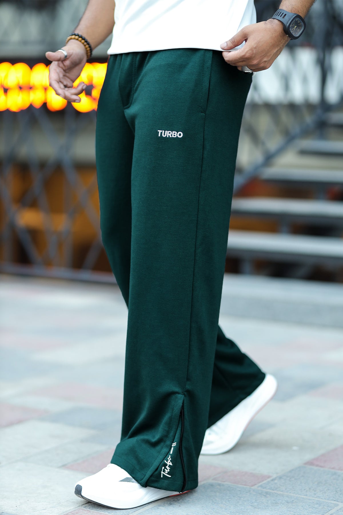 Turbo Loose Zipper Bottom Imp Cotton Blend Trouser In Dark Green