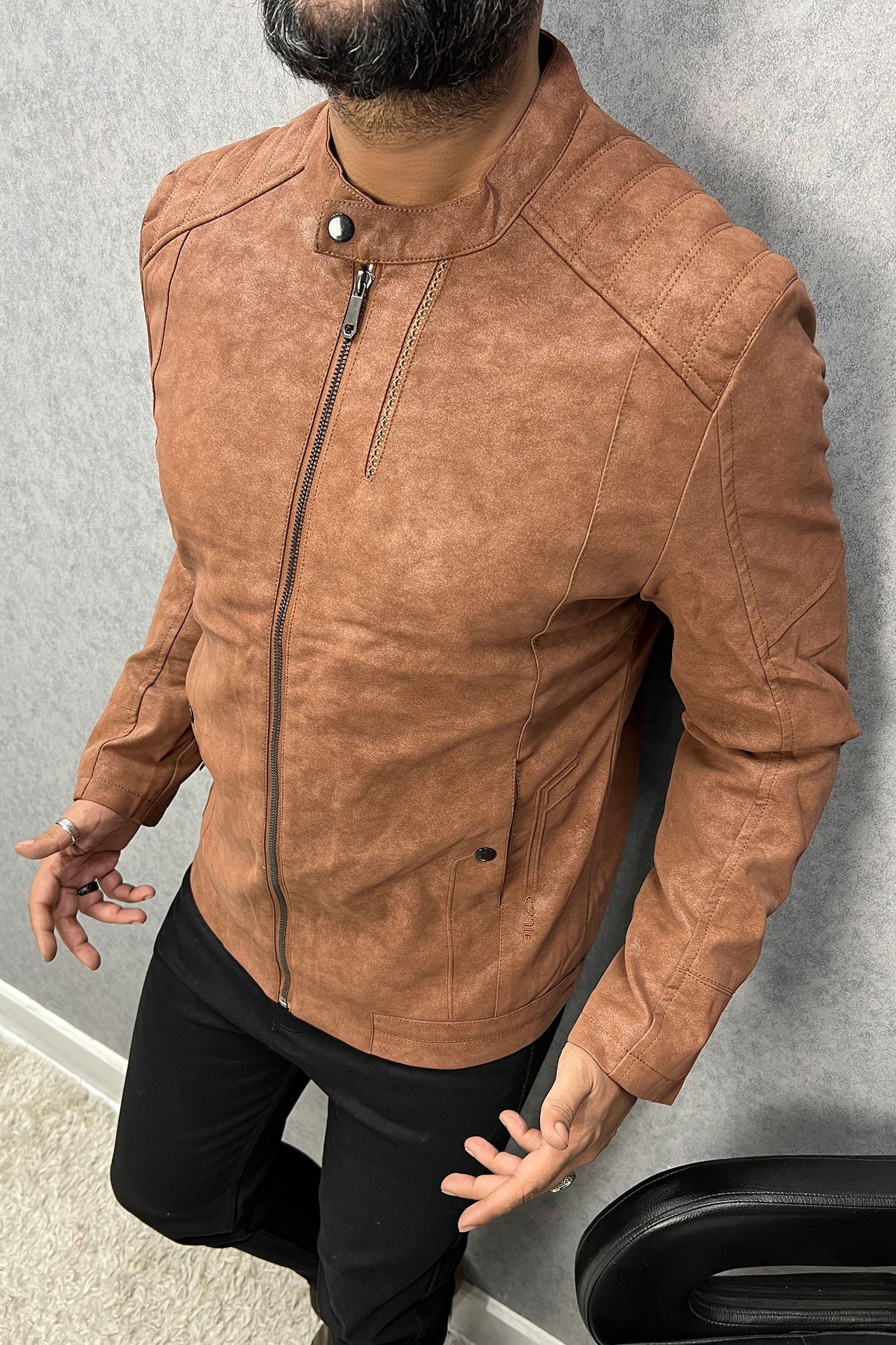 Self Textured Ban Style Men's Imported Leather Jacket