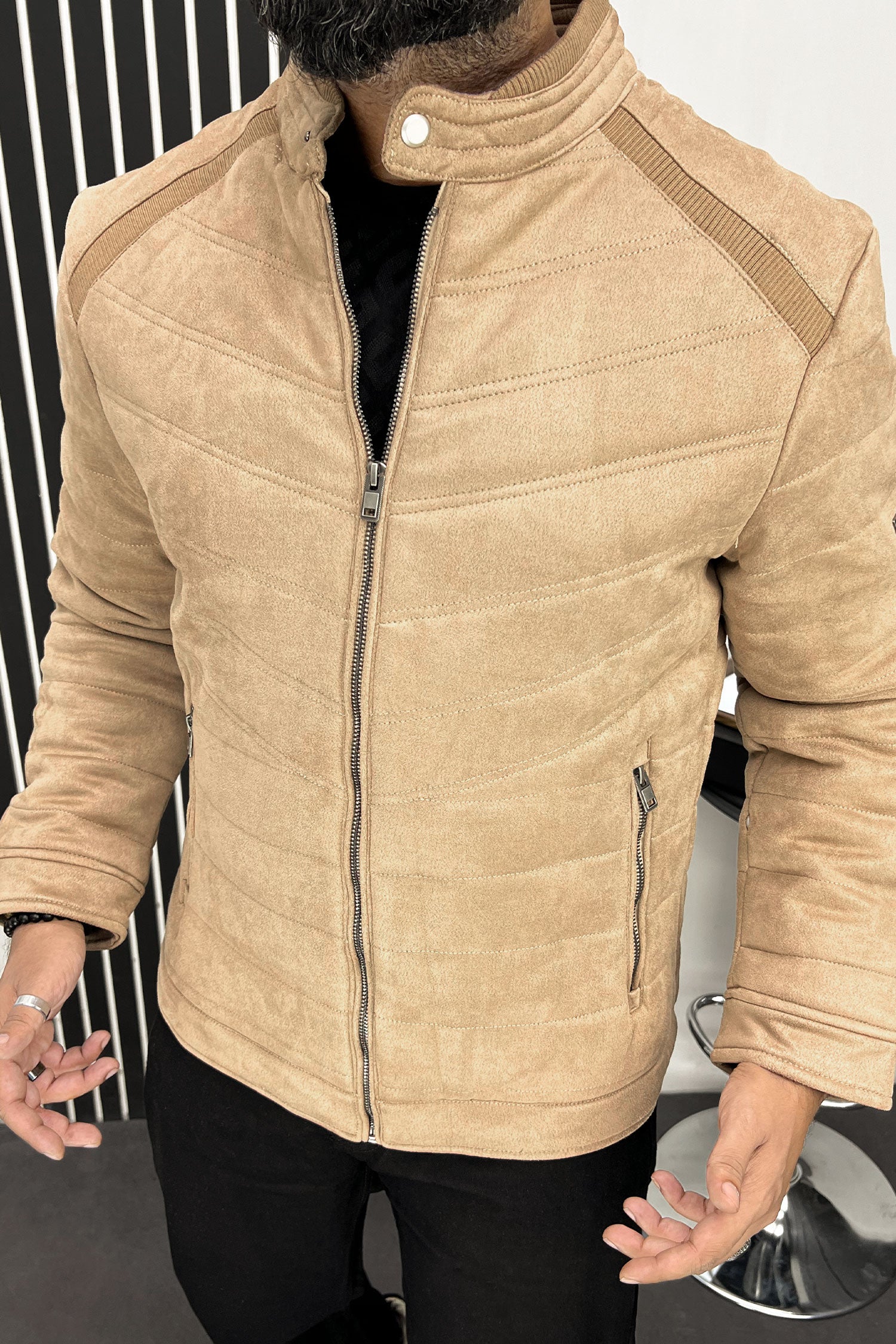 Stitched Motif Pattern Men's Suede Jacket