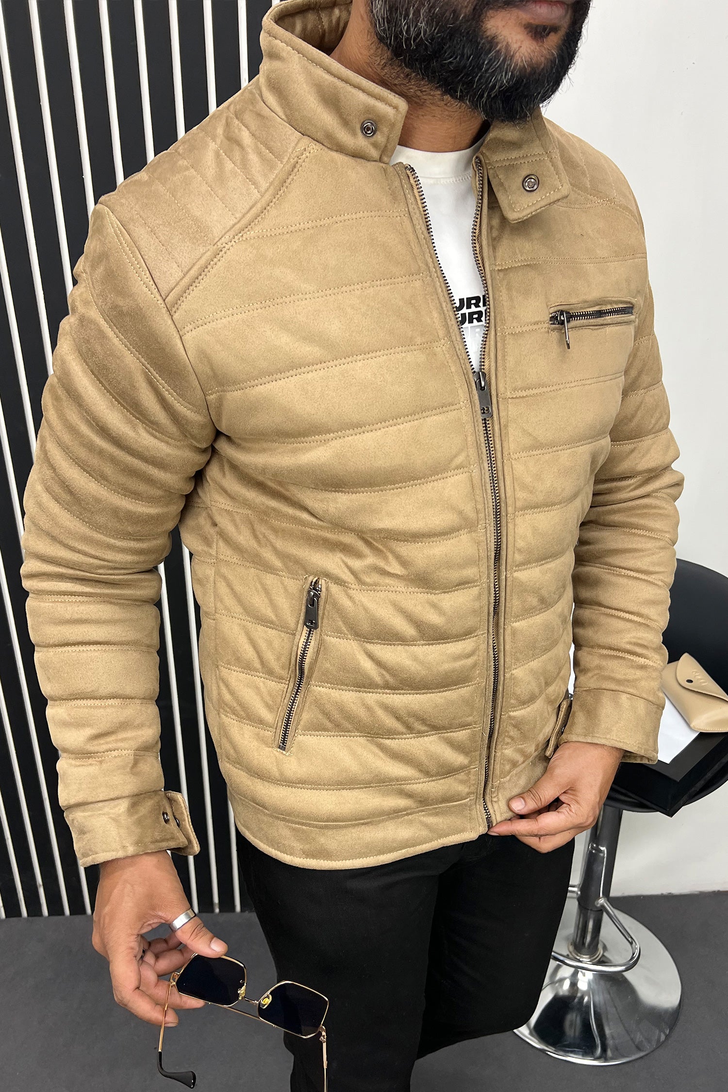 Quilted Pattern Iconic Zipper Men's Suede Jacket