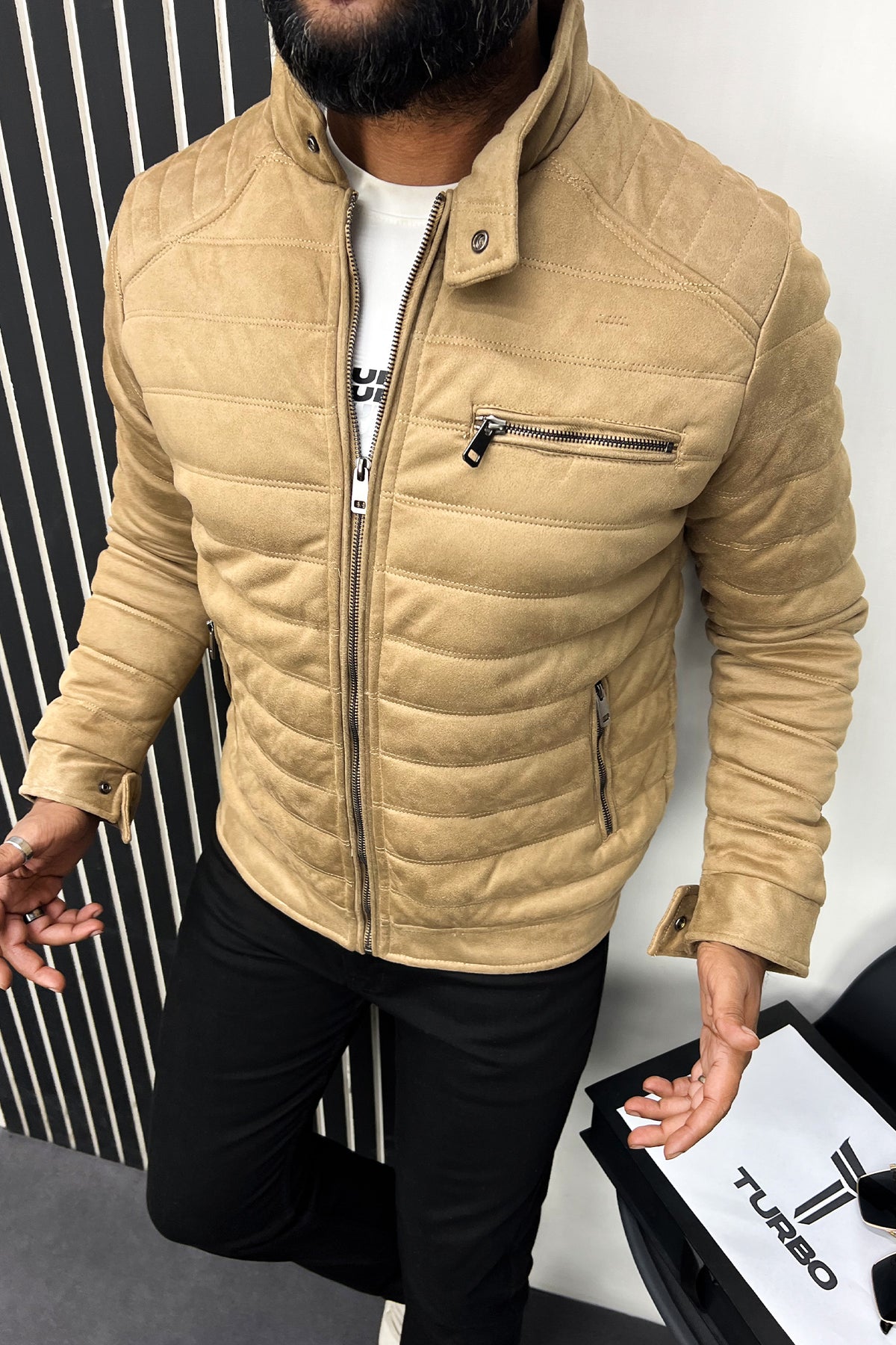 Quilted Pattern Iconic Zipper Men's Suede Jacket