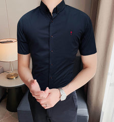 Plain Cotton Stretchable Casual Shirt In Dark Blue