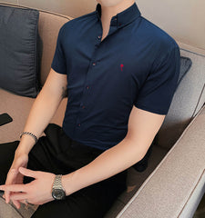 Plain Cotton Stretchable Casual Shirt In Dark Blue