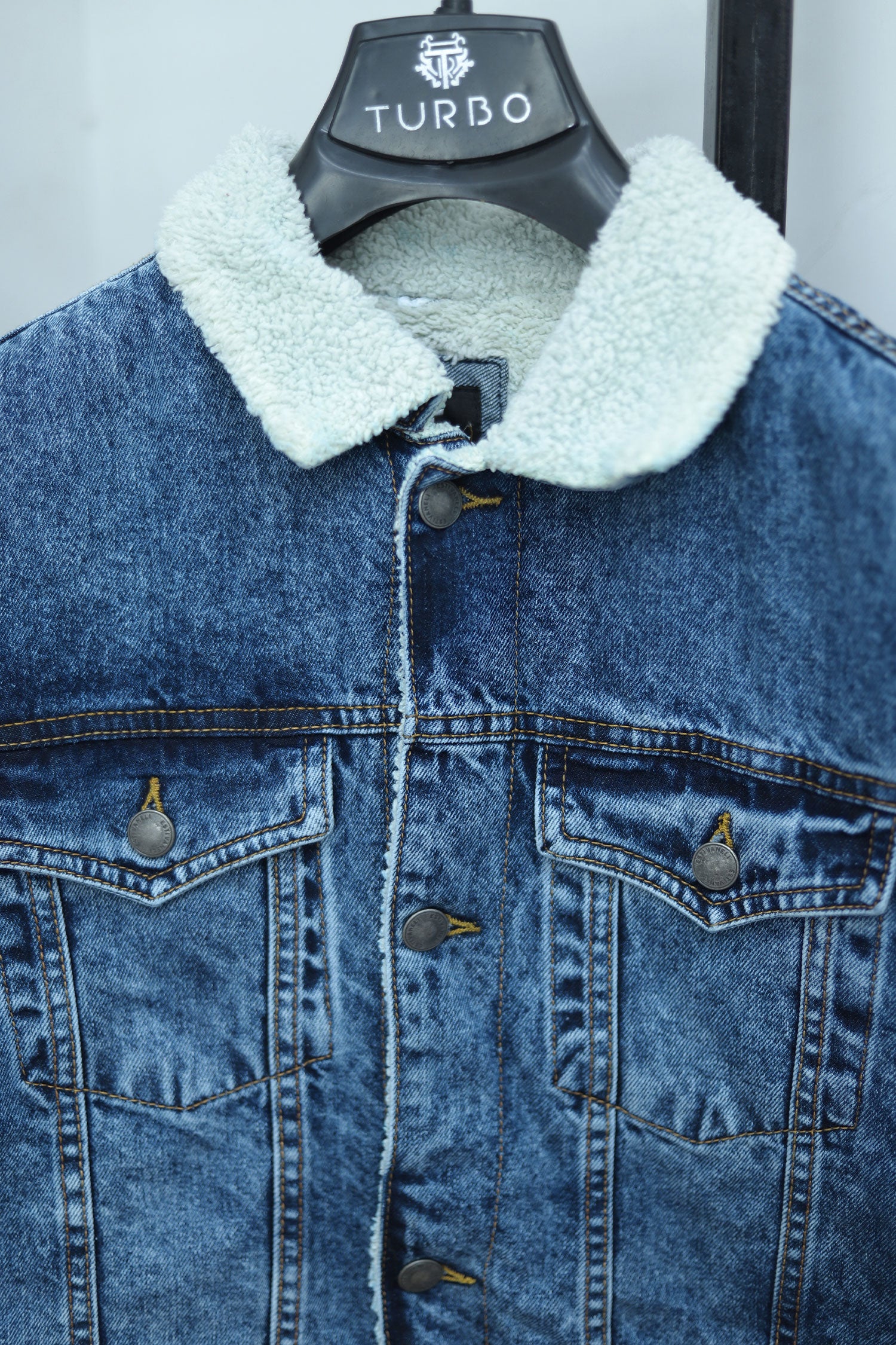 Fur Collar Sherpaa Inside Warm Denim Jacket in Faded Blue Turbo Brands Factory