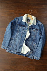 Fur Collar Sherpaa Inside Warm Denim Jacket in Faded Blue