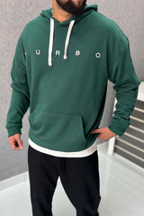 Turbo Embriodered Typography Fleece Hoodie In Green