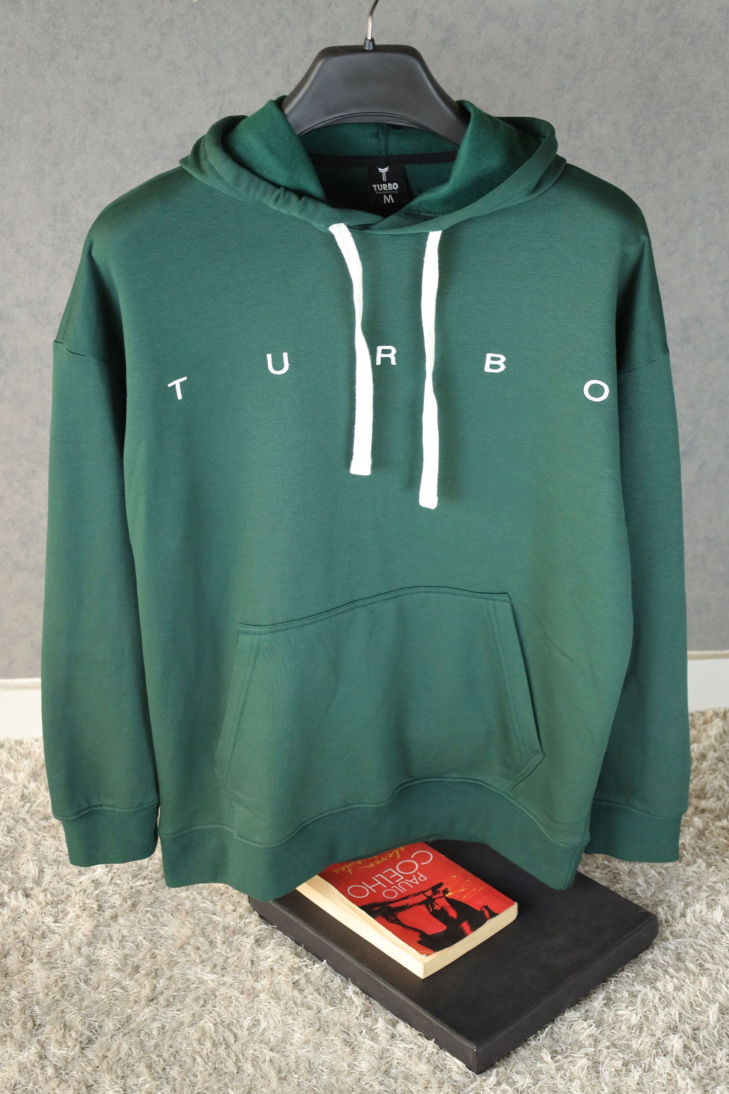 Turbo Embriodered Typography Fleece Hoodie In Green