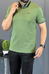 Turbo Contrast Tone Zip Collar Men's Polo Shirt In Green