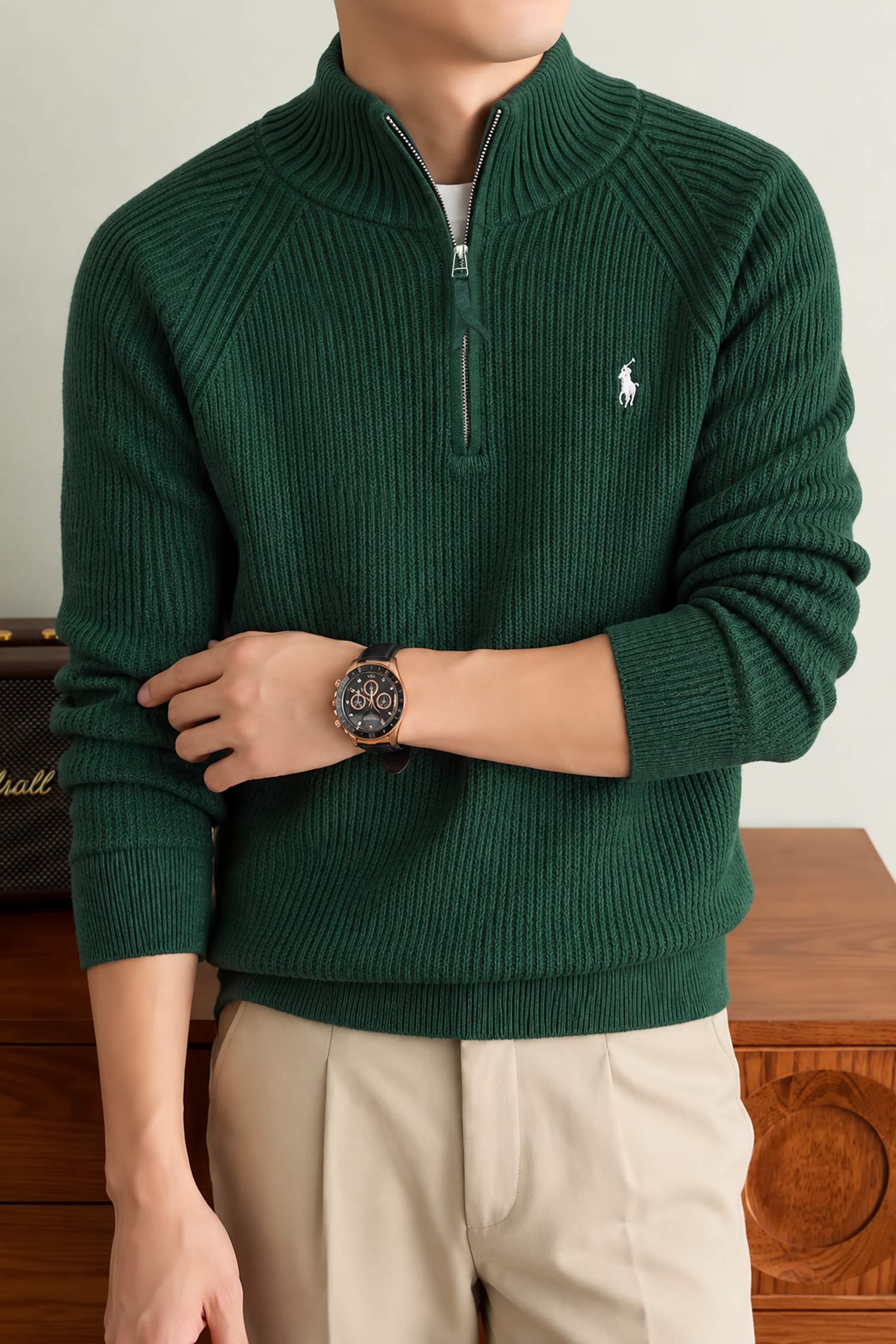 Polo Pony Winter Old Money Pullover Imported Men's Jumper Sweater In Green