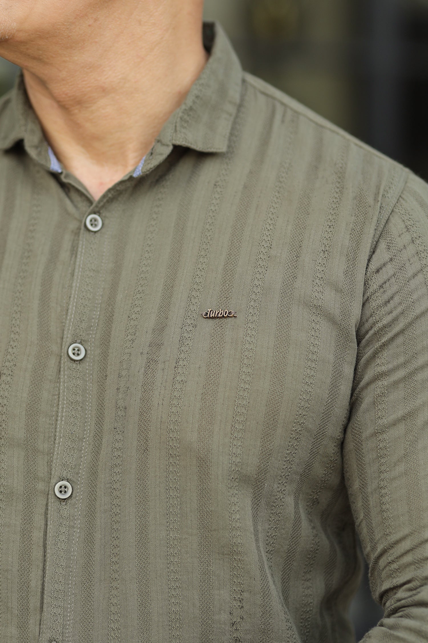 Turbo Self Stripe Motif Long Sleeve Cotton Casual Shirt In Camo Green