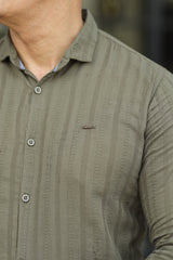 Turbo Self Stripe Motif Long Sleeve Cotton Casual Shirt In Camo Green