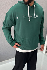 Turbo Embriodered Typography Fleece Hoodie In Green