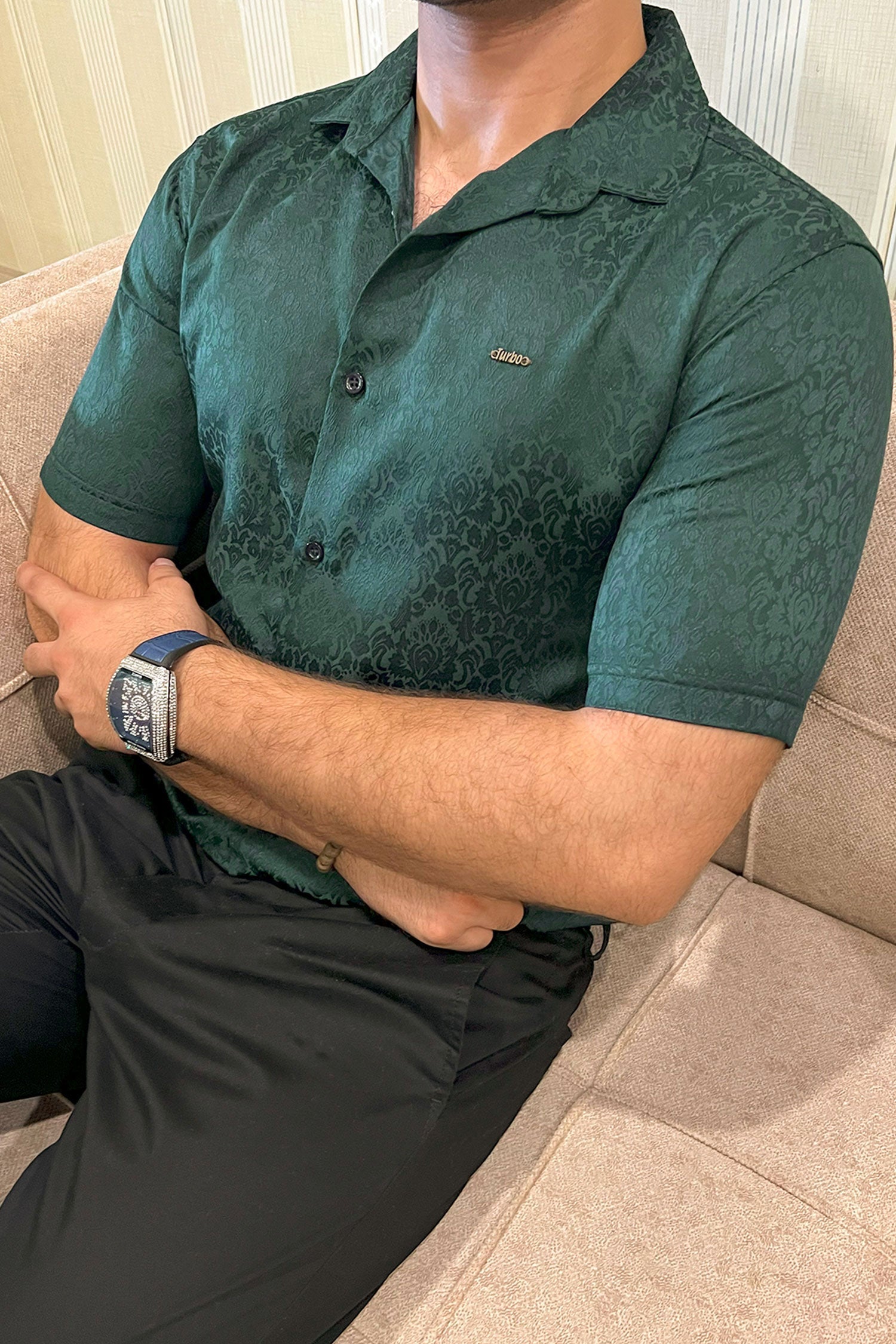 Turbo Designer Motif Floral Casual Shirt In Dark Green