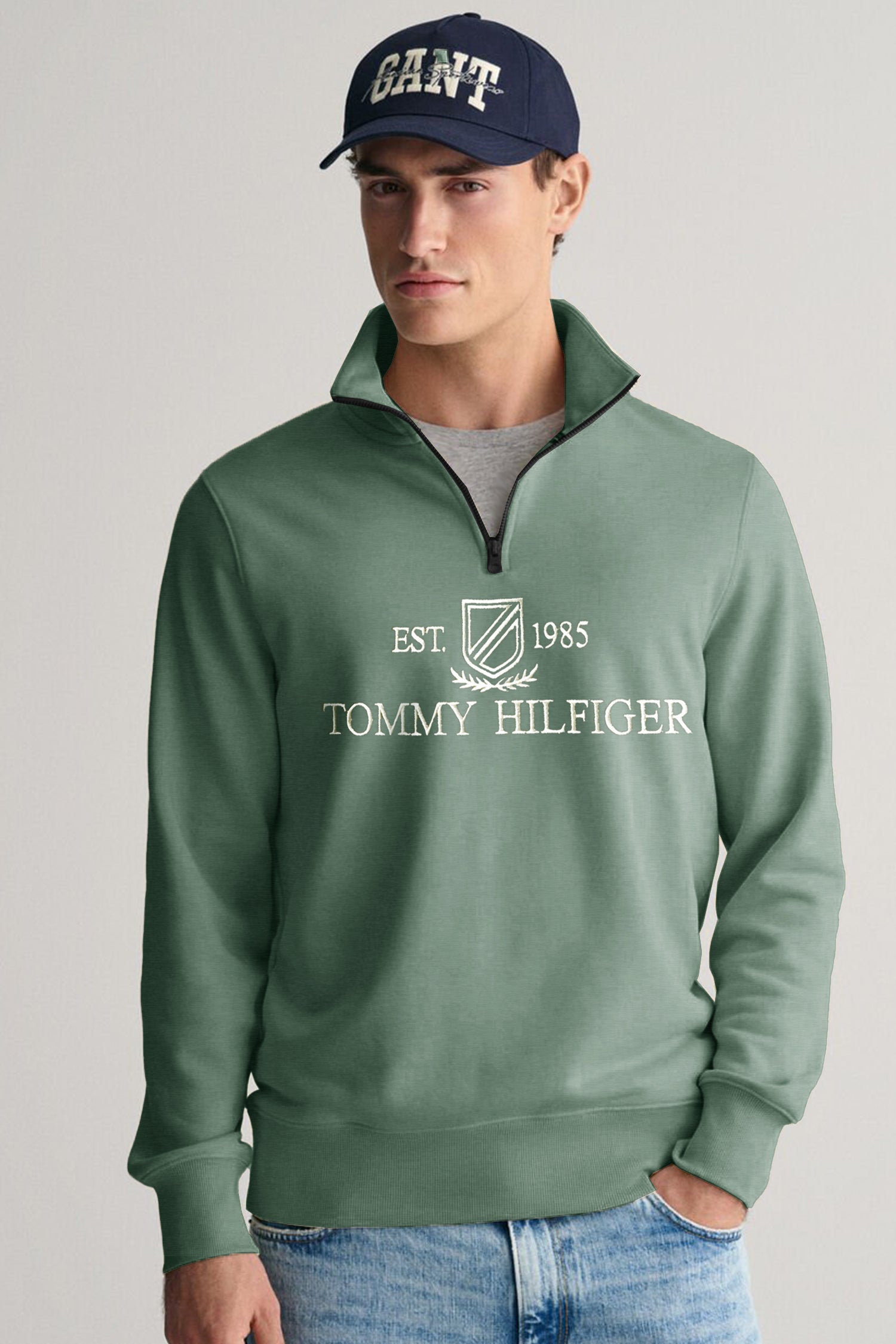 Tmy Hlfgr Embriodered Half Zip Full Sleeves Men's Sweatshirt