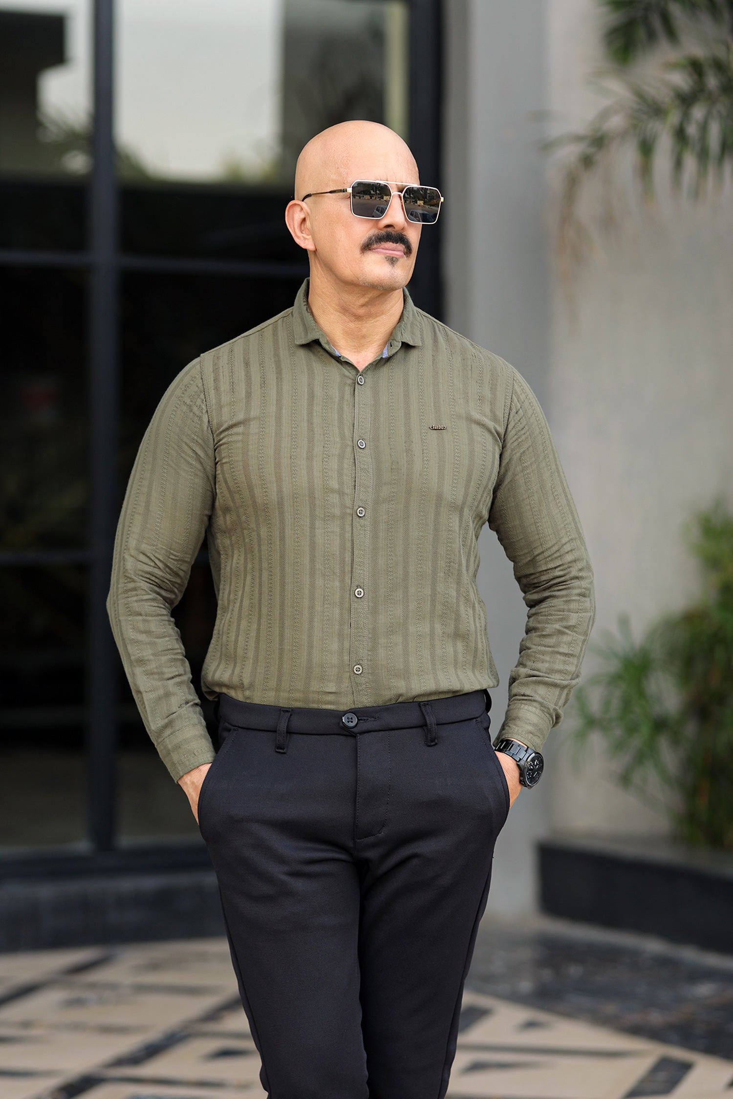 Turbo Self Stripe Motif Long Sleeve Cotton Casual Shirt In Camo Green