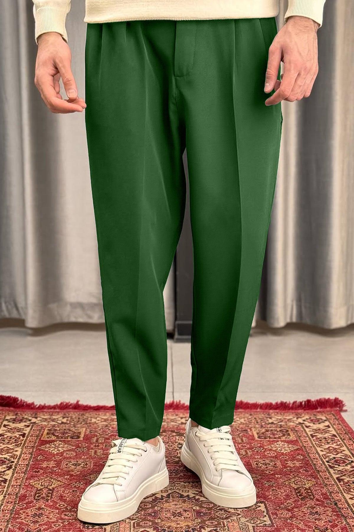 Turbo Pique Textured Double Plate SlimFit Trouser In Green