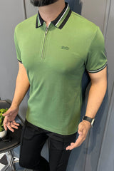 Turbo Contrast Tone Zip Collar Men's Polo Shirt In Green