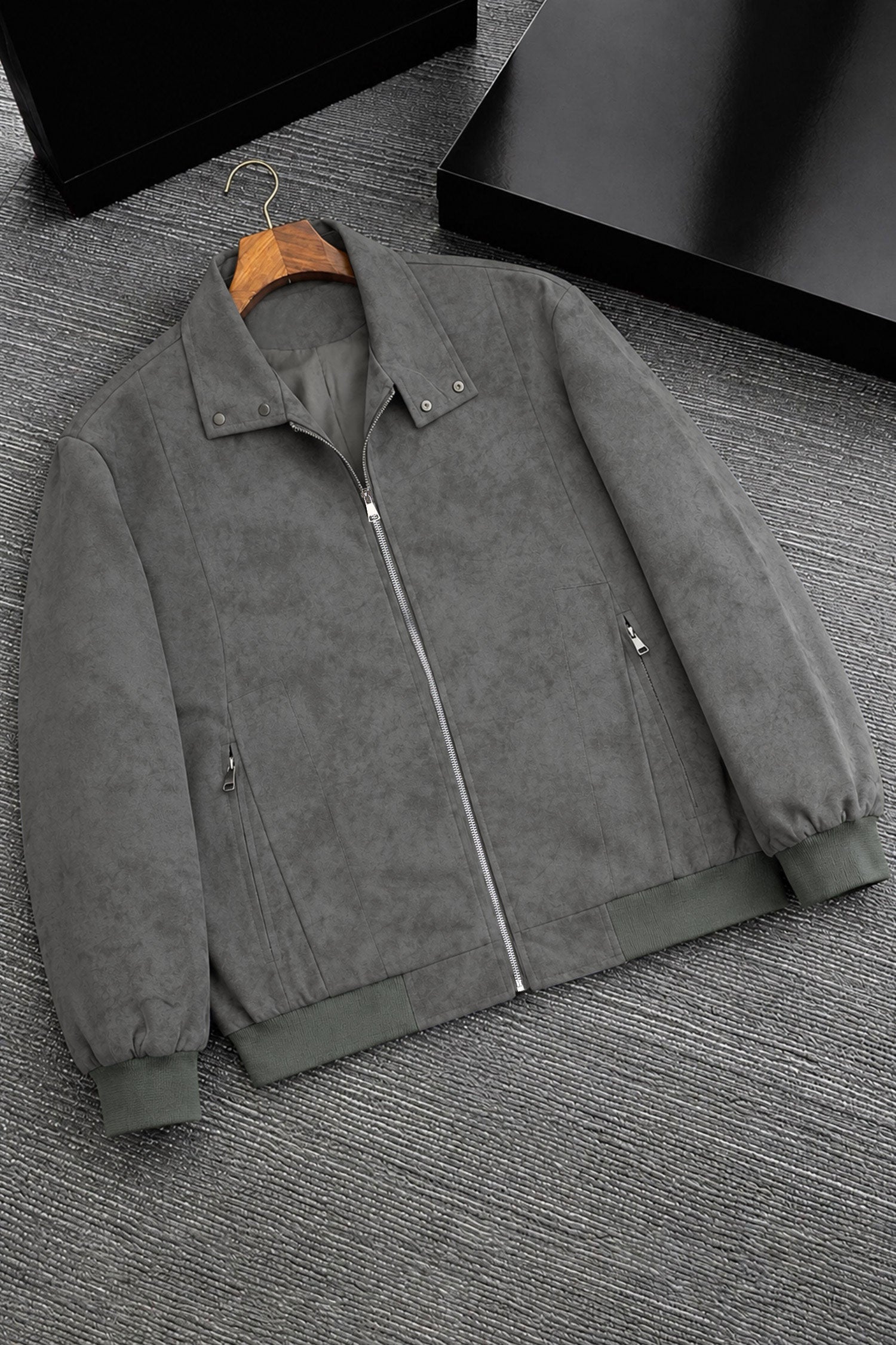 Men's Classic Stand Suede Leather Jacket In Grey