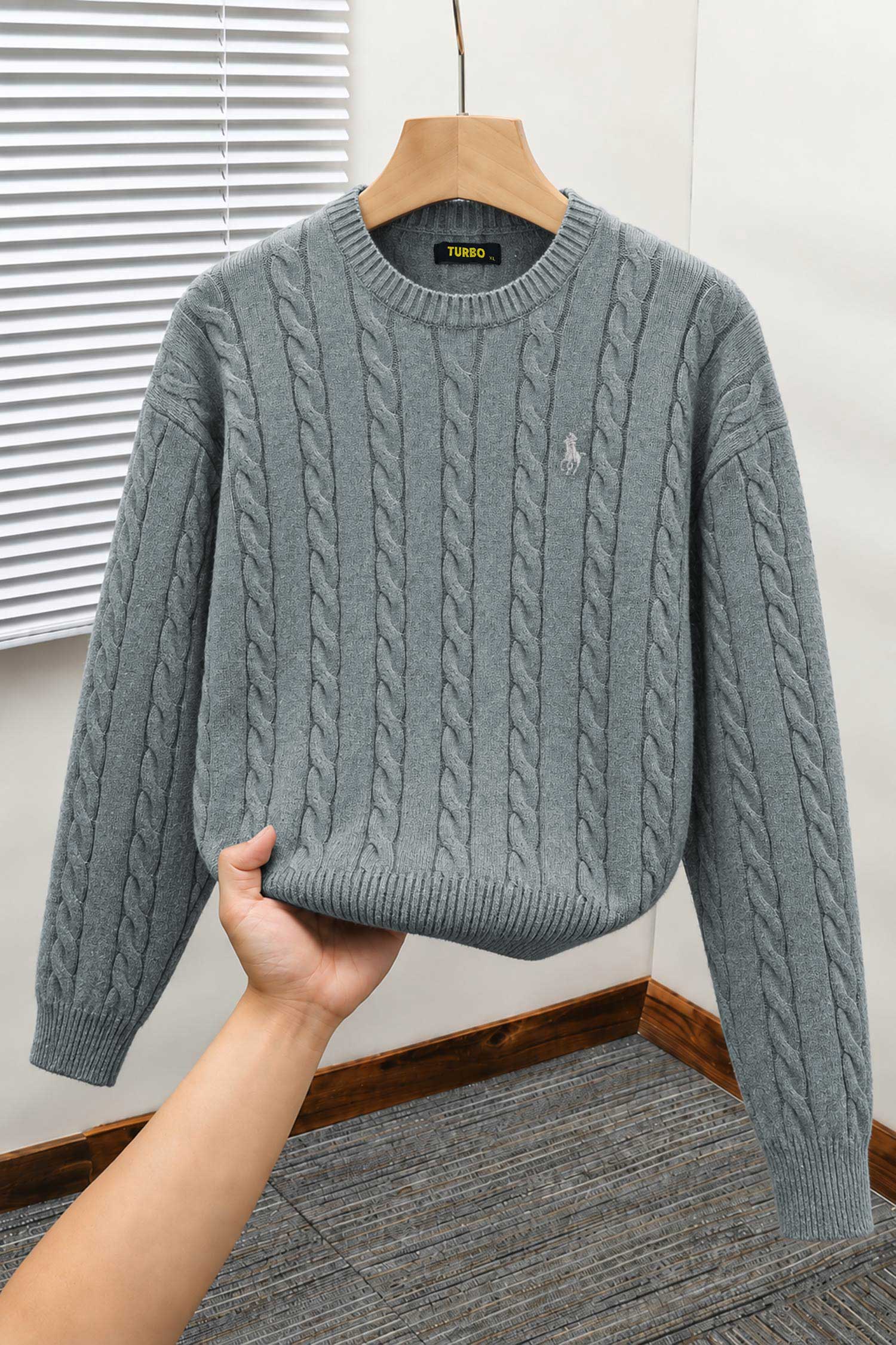 Turbo x Polo Braided Old Money Pattern Imported Men's Sweater In Grey