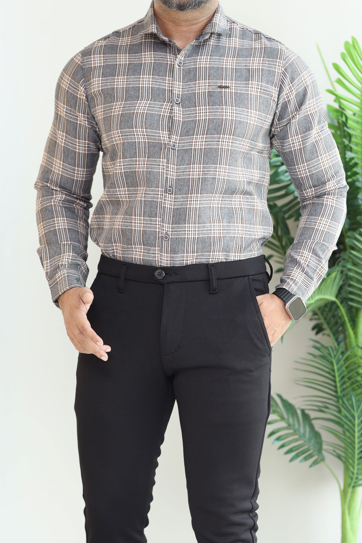 Turbo Tattersall Checkered Long Sleeve Cotton Casual Shirt In Grey